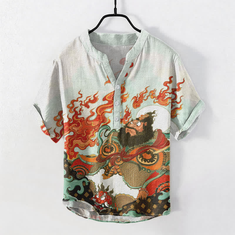 Buddha Stones Cotton Mythic Flame Print Men's Short Sleeve Half Button Shirt