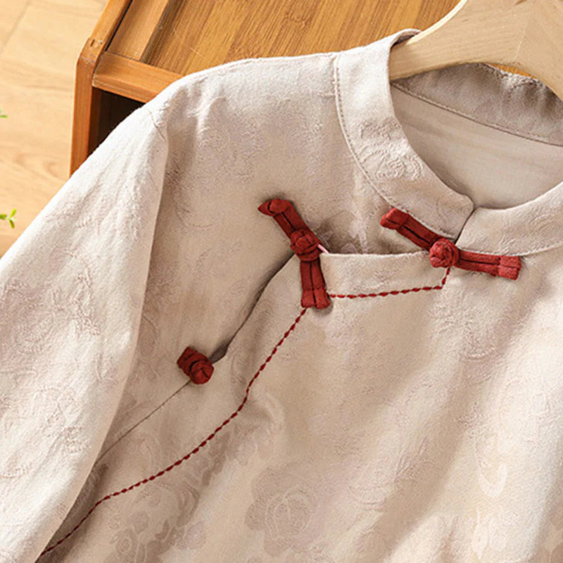 Buddha Stones Fall Jacquard Floral Print Frog-Button Stand Collar Long Sleeve Women's Cotton Shirt
