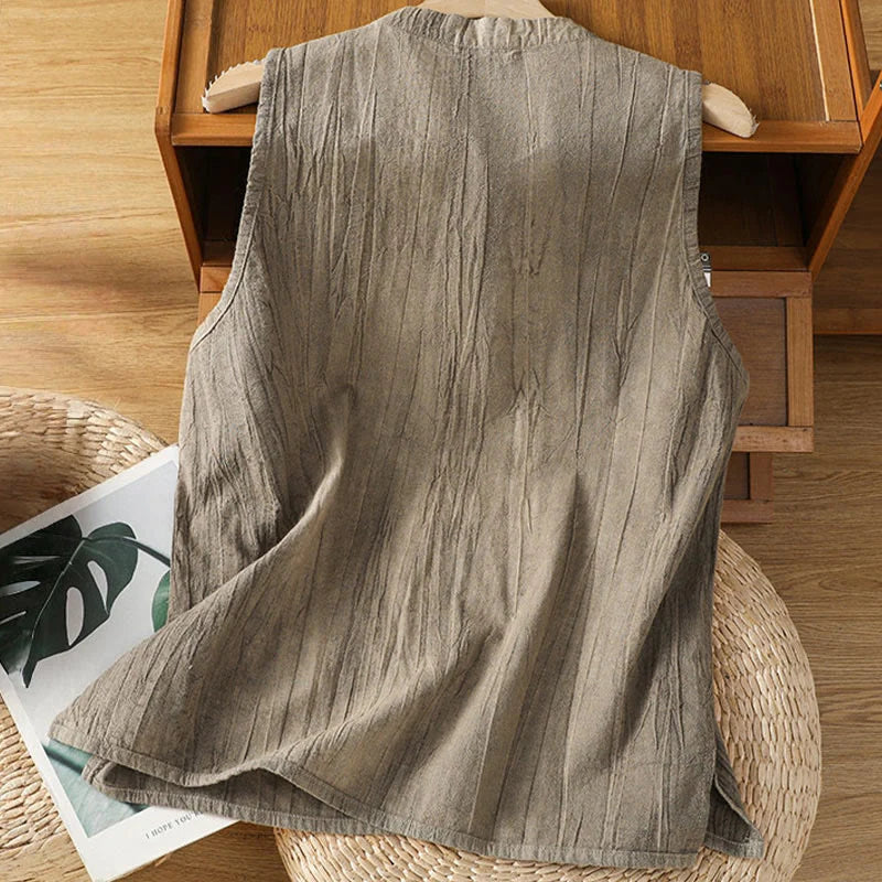 Buddha Stones Retro Frog-Button Design Women's Cotton Sleeveless Vest