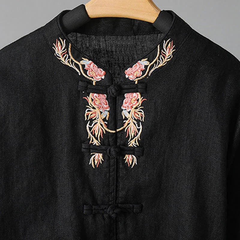 Buddha Stones Embroidery Flower Long Sleeve Frog-buttons Cotton Women's Shirt