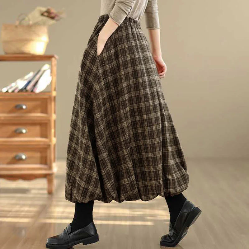 Buddha Stones Women's Plaid Pattern Cotton Skirt With Pockets