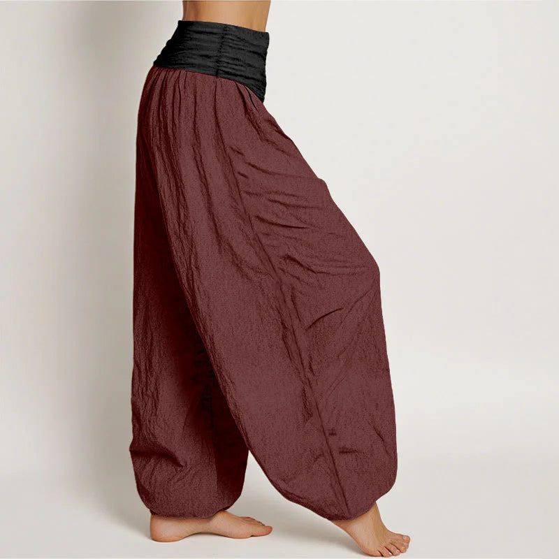 Buddha Stones Cotton Green Black Brown Red Solid Color Women's Elastic Waist Harem Pants