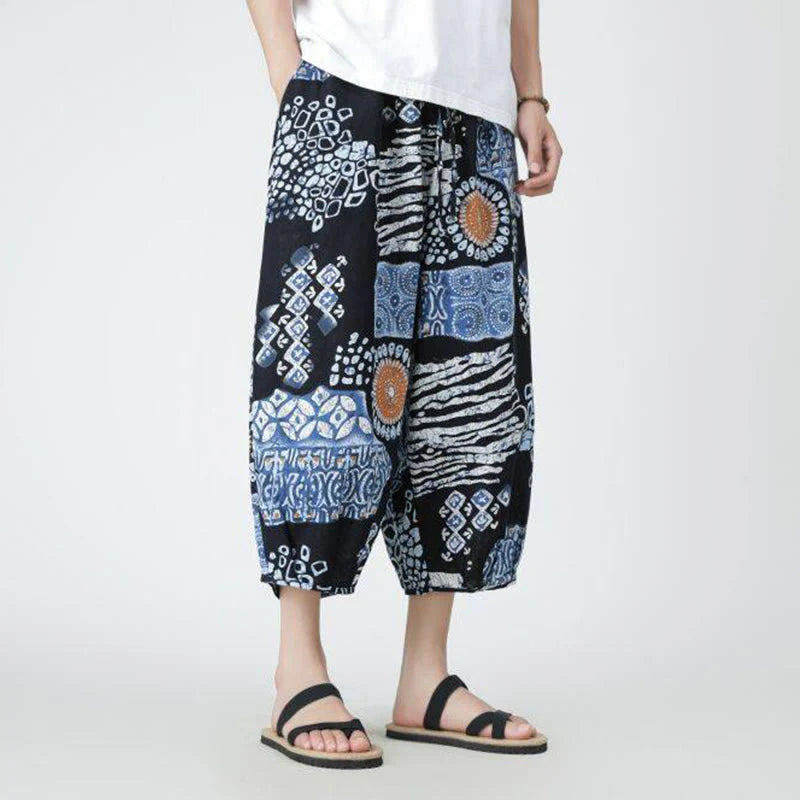 Buddha Stones Summer Square Patchwork Elephant Mandala Geometry Cotton Linen Men's 7-8 Length Pants With Pockets