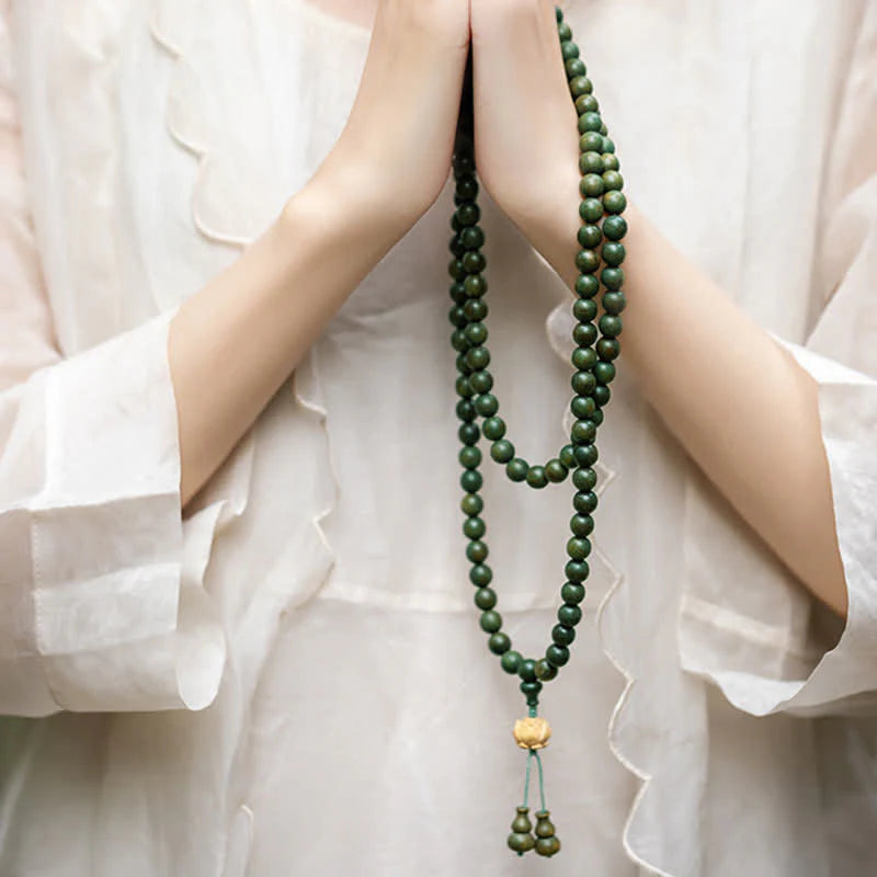 Buddha Stones 108 Mala Beads Green Sandalwood Boxwood Lotus Positive Bracelet (Extra 35% Off | USE CODE: FS35)