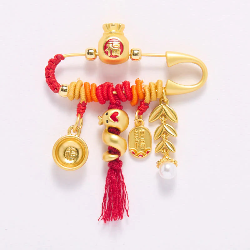 Buddha Stones Copper Year Of The Snake Tassels String Spike Fu Bowl Lucky Fortune Bag Brooch