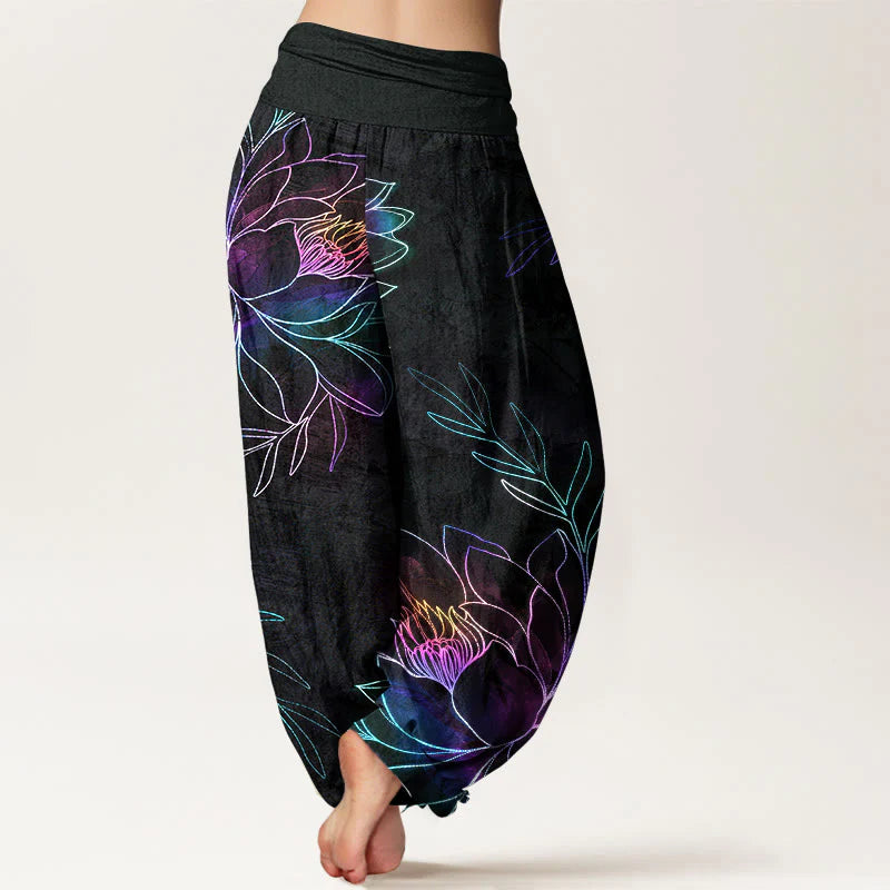 Buddha Stones Cotton Neon Lotus Branches Pattern Women's Elastic Waist Harem Pants