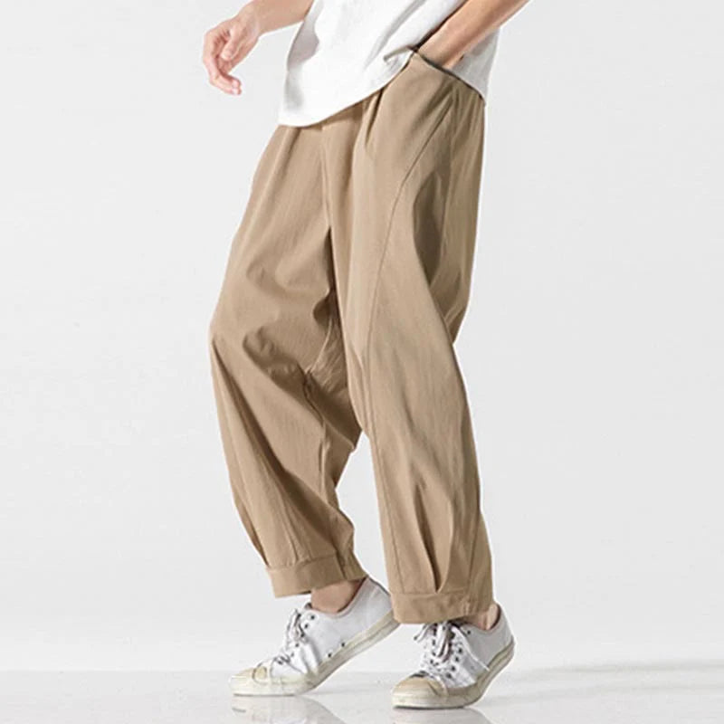 Buddha Stones Summer Solid Drawstring Ankle-Length Men's Cargo Harem Pants With Pockets