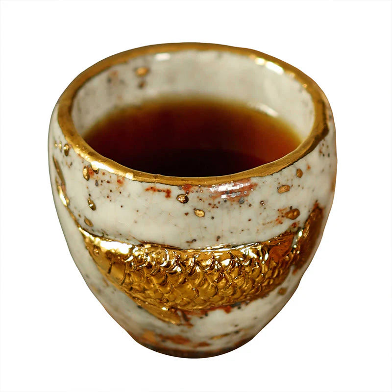 Buddha Stones Handcrafted Golden Arowana Koi Fish Ceramic Teacup Kung Fu Tea Cup Teapot