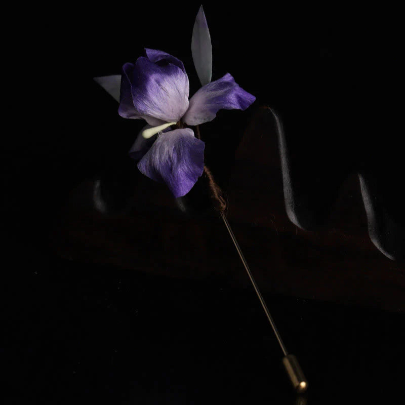Buddha Stones Handmade Silk Art Purple White Iris Protection Brooch