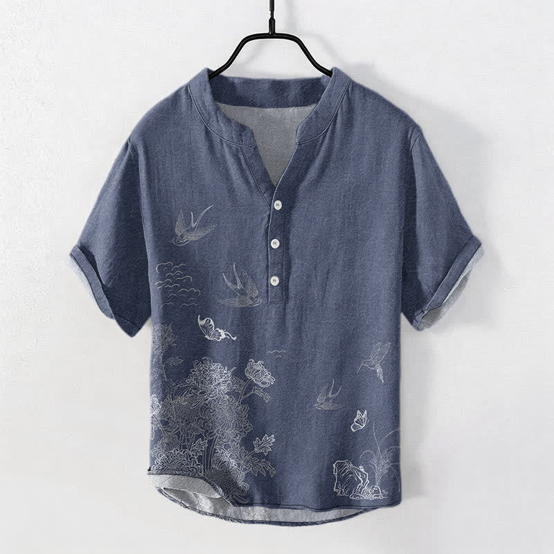 Buddha Stones Swallow Lotus Butterfly Men's Short Sleeve Shirt