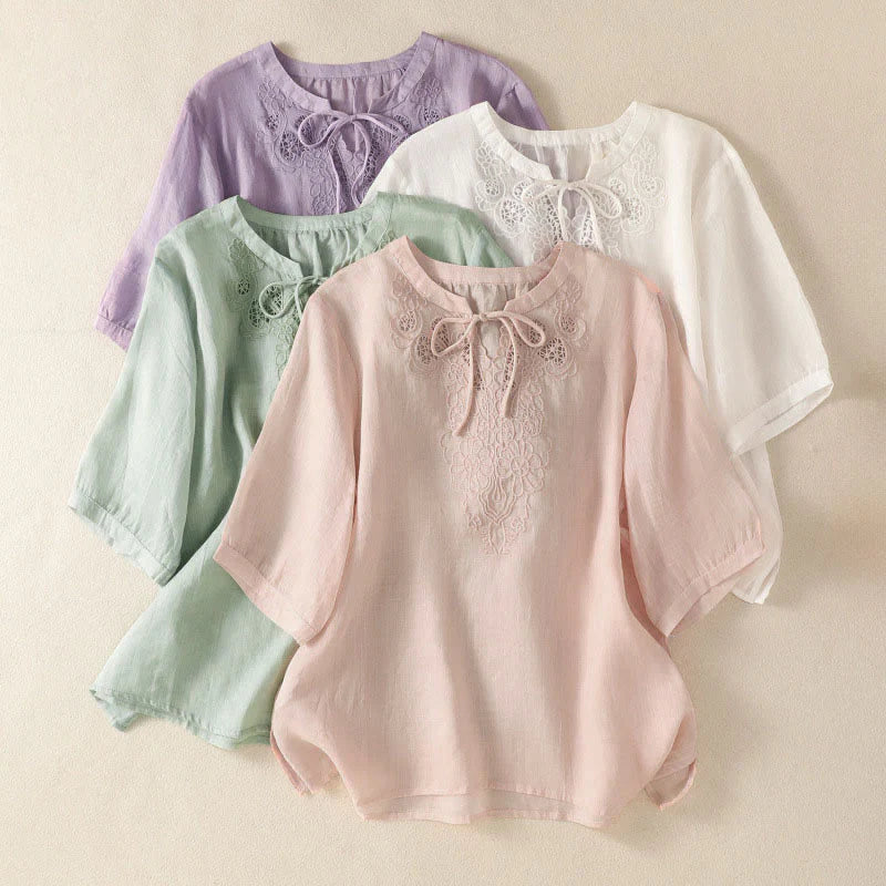 Buddha Stones Summer Embroidery Flower Lace-up Design Notched Collar Women's Short Sleeve Shirt
