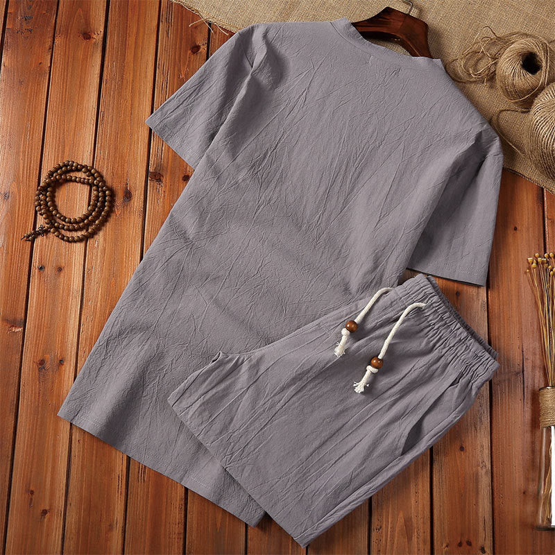 Buddha Stones 2Pcs Plain Notched Collar Short Sleeve T-Shirt Shorts With Pockets Cotton Linen Men's Meditation Cloth Set