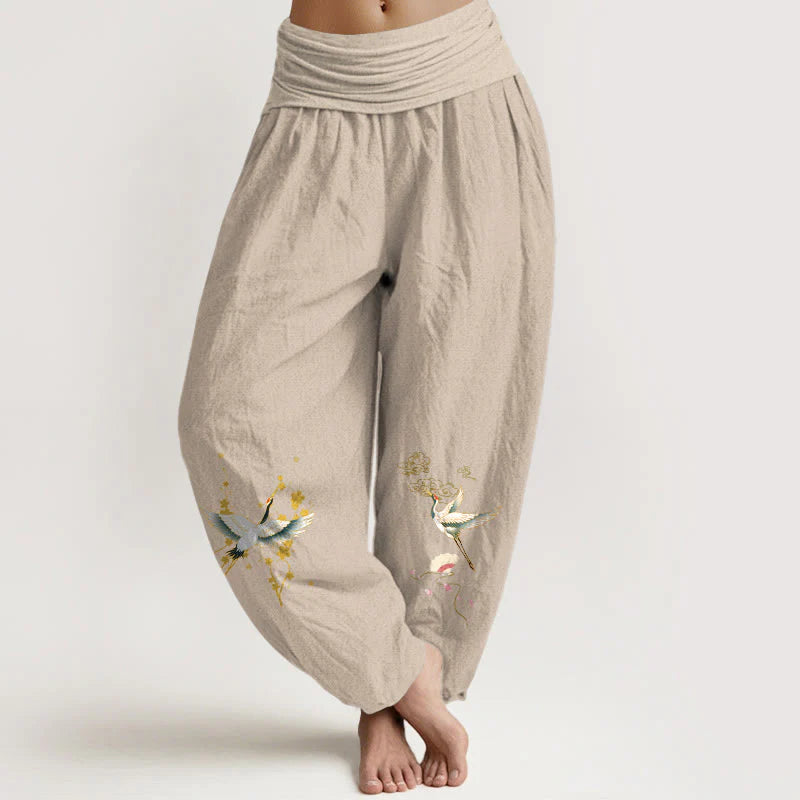 Buddha Stones Crane Auspicious Clouds Flower Pattern Pure Cotton Women's Elastic Waist Harem Pants