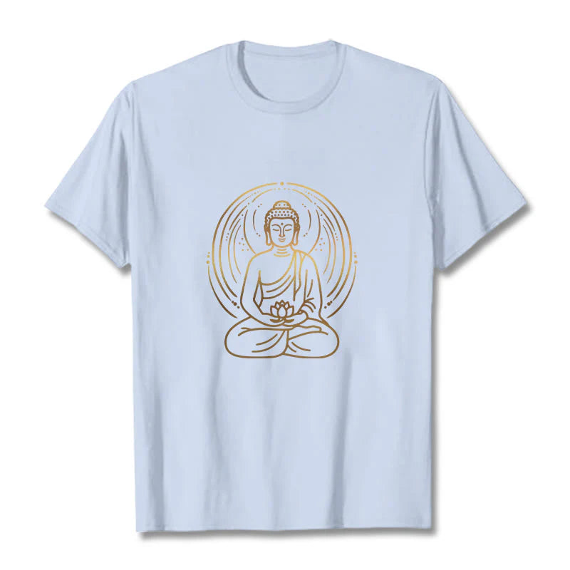 Buddha Stones Golden Meditation Buddha Halo Holding A Lotus Flower Tee T-shirt