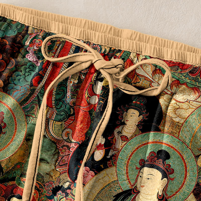 Buddha Stones Multiple Buddhas Pattern Elastic Waist Women's Pure Cotton Pants With Pockets