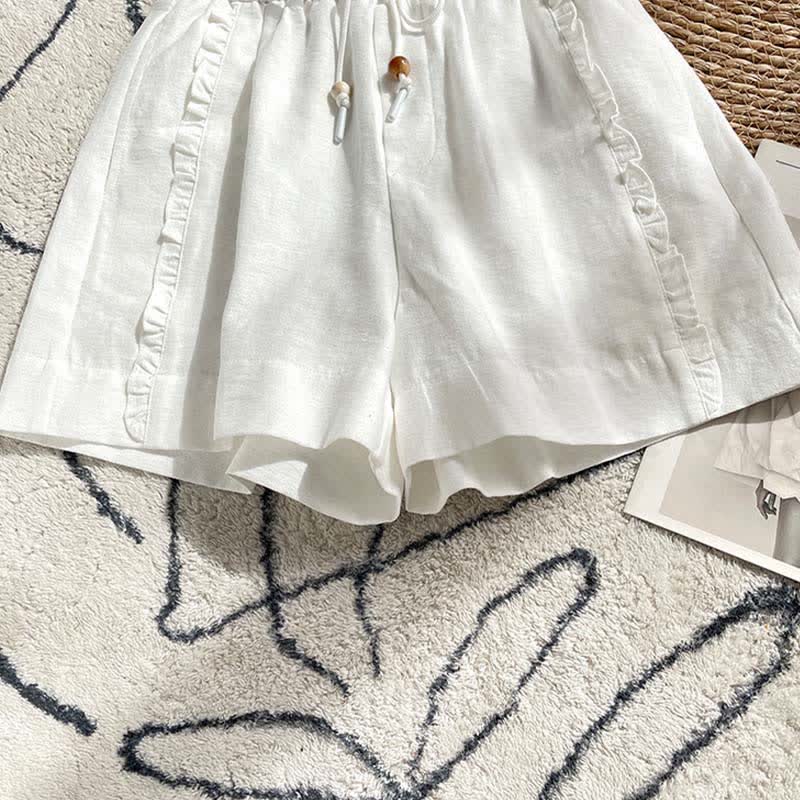 Buddha Stones Summer Drawstring Ruffle Elastic Waist Women's Shorts With Pockets