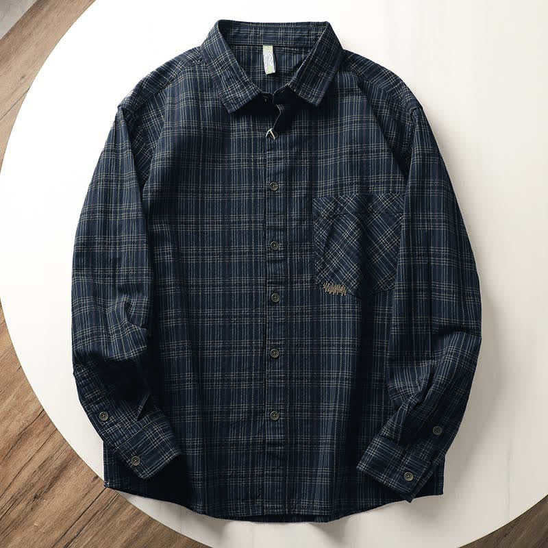 Buddha Stones Fall Commute Embroidery Plaid Pattern Men's Cotton Long Sleeve Shirts With Pocket