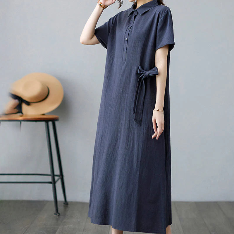Buddha Stones Casual Plain Side Lace-Up Lapel Short Sleeve Cotton Linen Midi Dress With Pockets