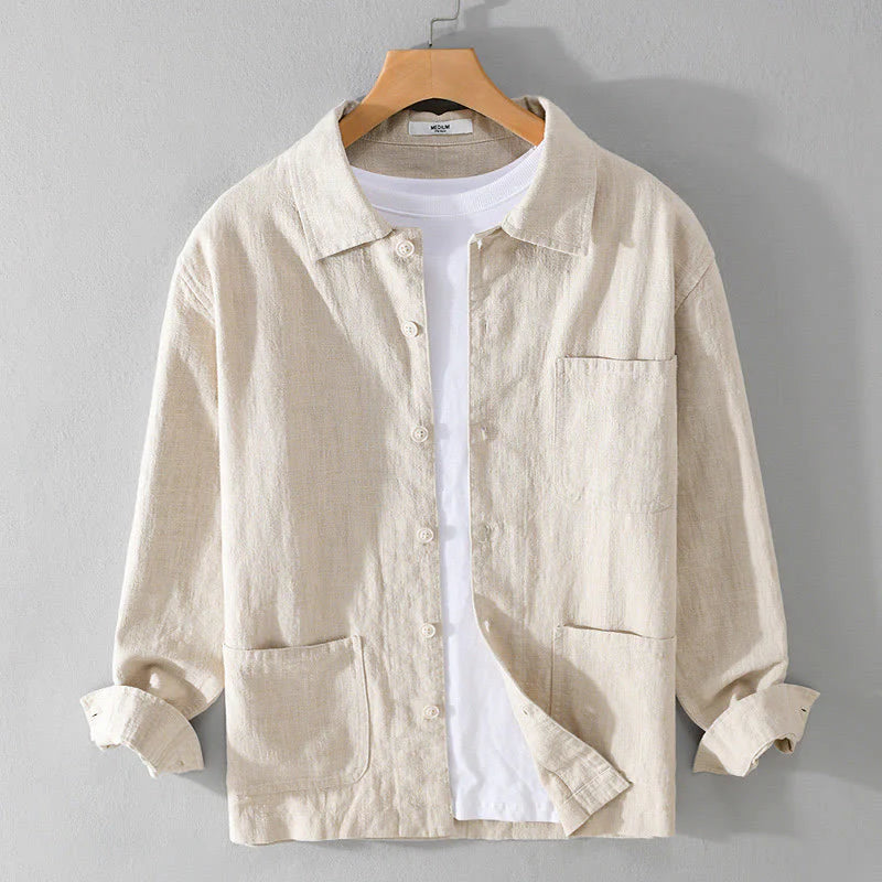 Buddha Stones Commute Fall Solid Color Lapel Men's Long Sleeve Cotton Linen Shirt With Pocket