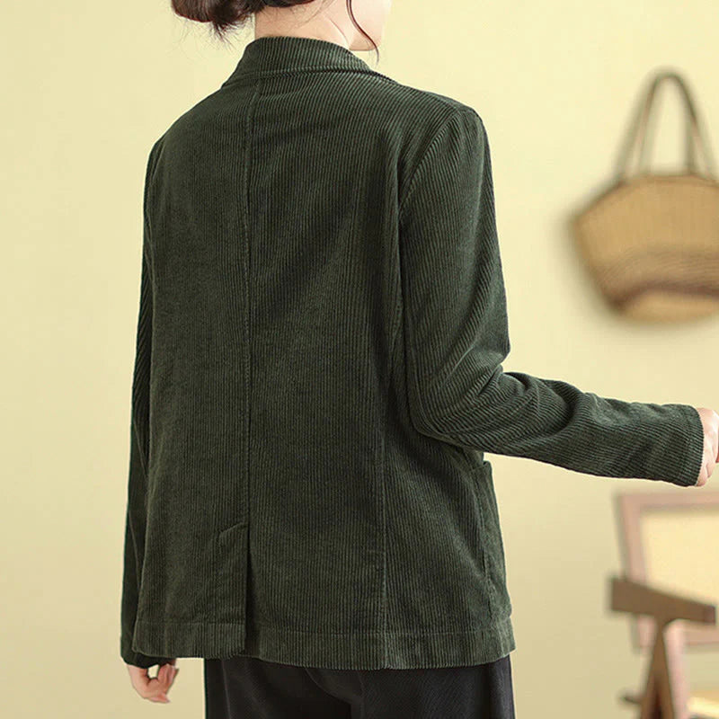 Buddha Stones Retro Plain Women's Long Sleeve Corduroy Jacket With Pockets
