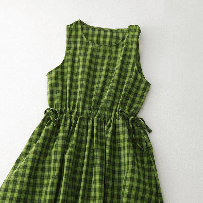 Buddha Stones Sleeveless Plaid Summer Midi Dress With Pockets