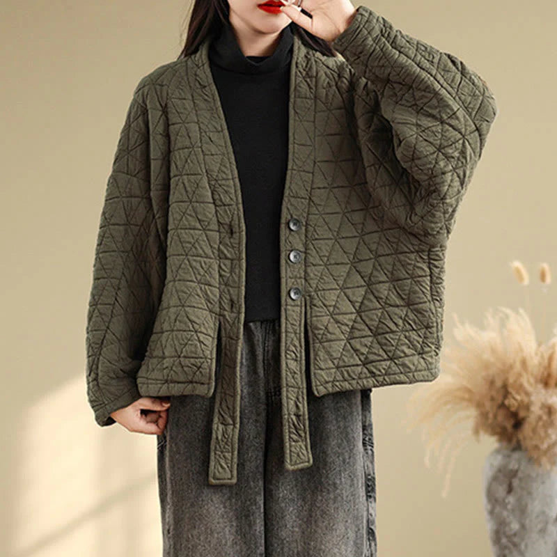 Buddha Stones Women's Buttons Long Sleeve Thickened Cotton Jacket With Pockets