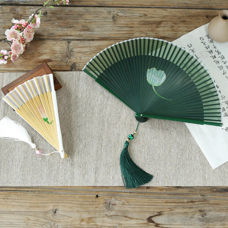 Buddha Stones Peony Flowers Silk Handheld Bamboo Folding Fan