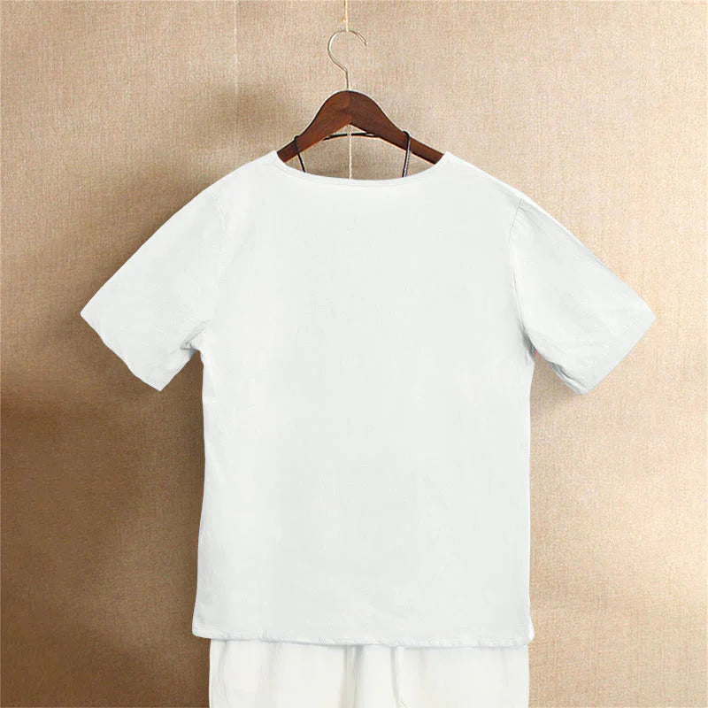 Buddha Stones Casual Summer Pure Color Jacquard Button Crew Neck Cotton Women's Short Sleeve T-Shirt