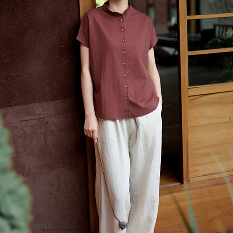 Buddha Stones Vintage Buttons Design Stand Collar Cotton Short Sleeve Women's Shirt