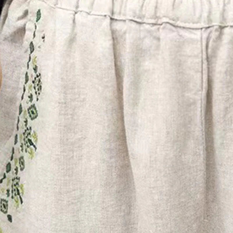 Buddha Stones Vintage Embroidery Elastic Waist Capri Harem Pants With Pockets