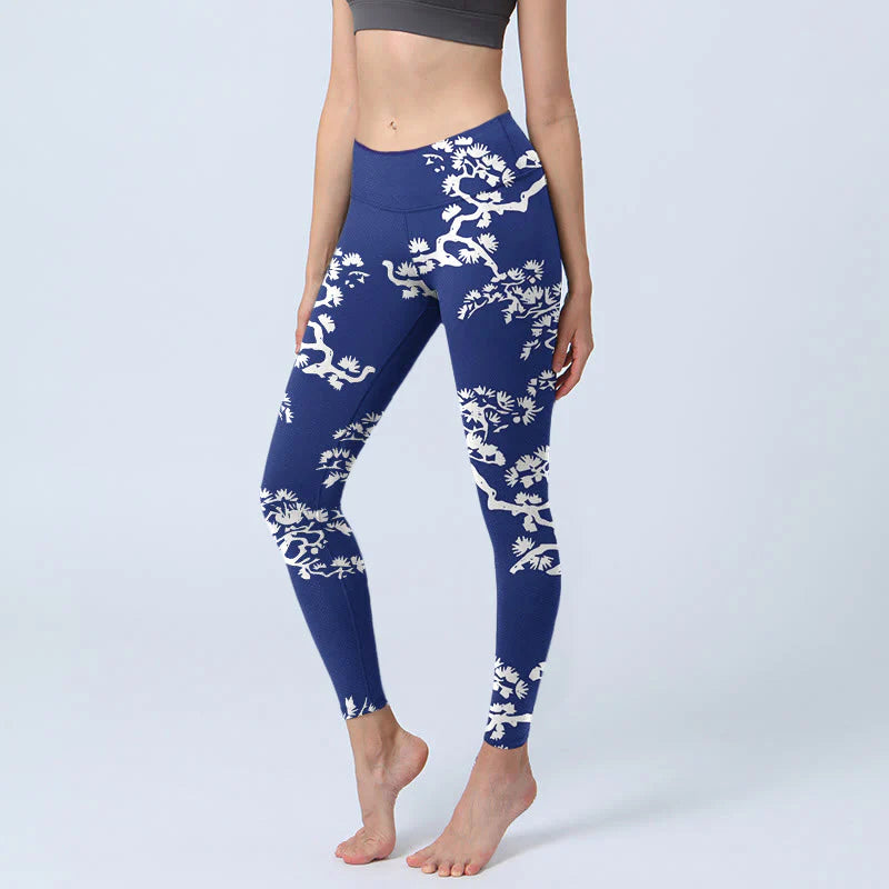 Buddha Stones Pine Tree Silhouette Pattern Print Gym Leggings Women's Yoga Pants