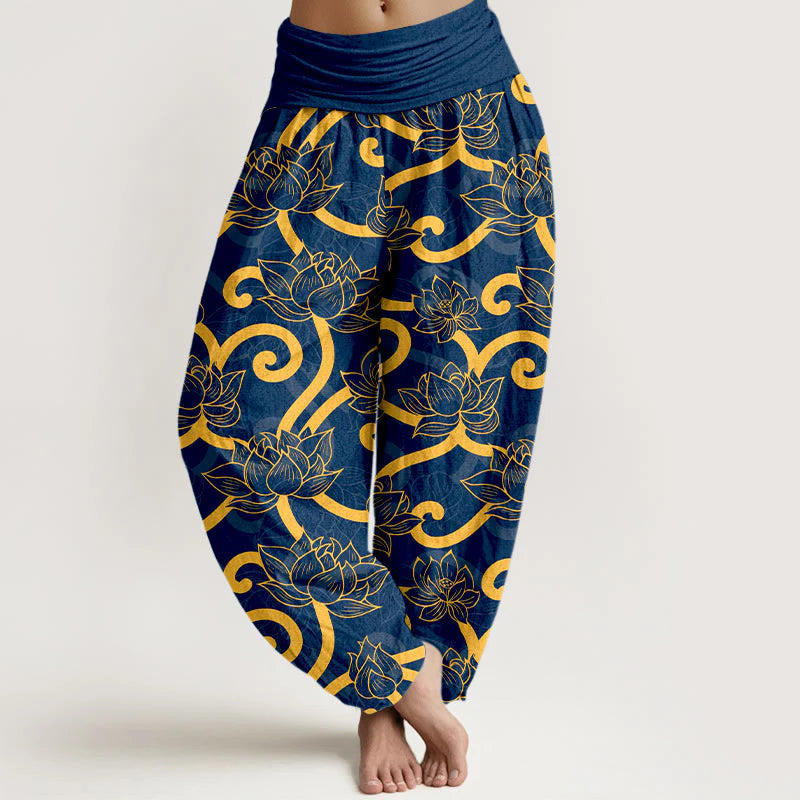 Buddha Stones Pure Cotton Elegant Gorgeous Lotus Scroll Pattern Women's Elastic Waist Harem Pants