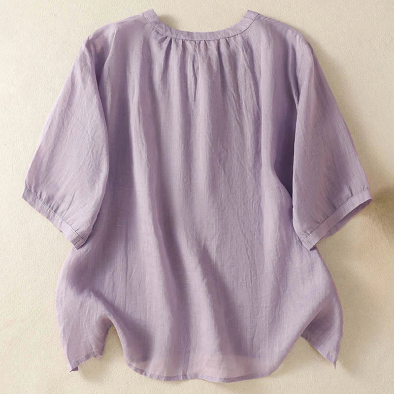 Buddha Stones Summer Embroidery Flower Lace-up Design Notched Collar Women's Short Sleeve Shirt
