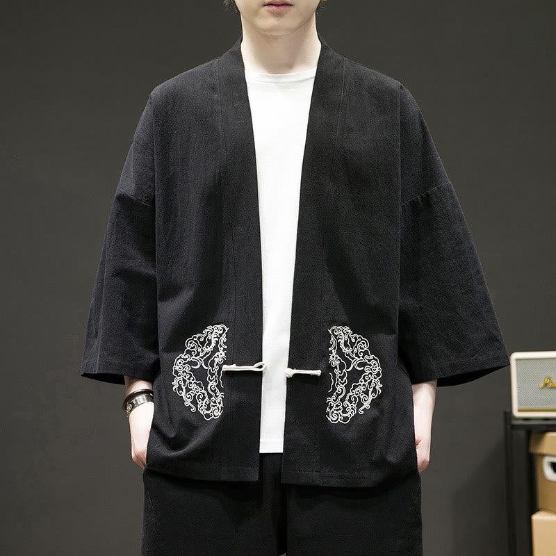 Buddha Stones Solid Auspicious Clouds Open Front Long Sleeve Jacket Men's Cotton Kimono