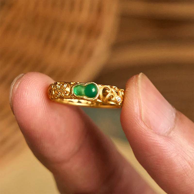 Buddha Stones Vintage Gourd Green Chalcedony Copper Alloy Wealth Ring