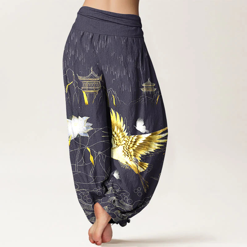 Buddha Stones Cotton Crane Lotus Mountain Pavilion Pattern Women's Elastic Waist Harem Pants