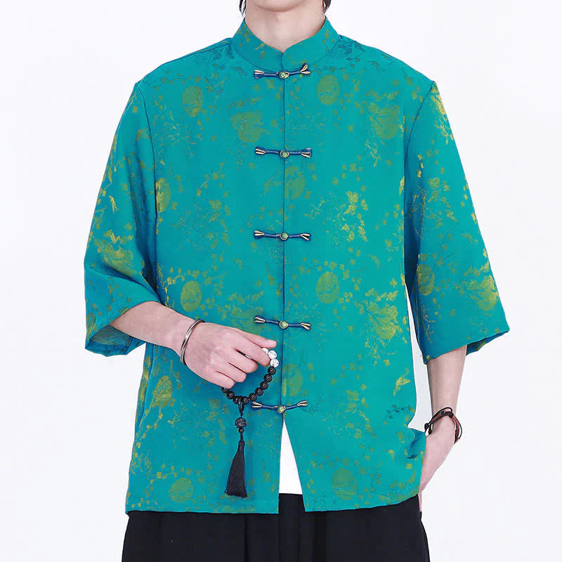 Buddha Stones Summer Vintage Elegant Mandarin Collar Gold Cloud Pattern Elbow Sleeve Men's Shirt