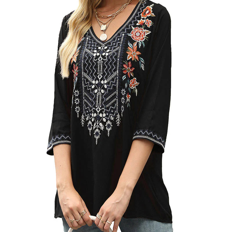 Buddha Stones Spring Casual Plain Embroidery Floral Pattern Design Three Quarter Sleeve V-neck Women's T-Shirt