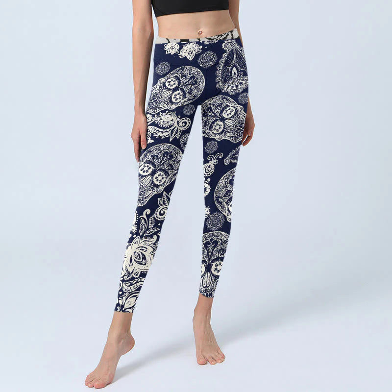 Buddha Stones Paisley Plant Skull Pattern Gym Leggings Women's Yoga Pants