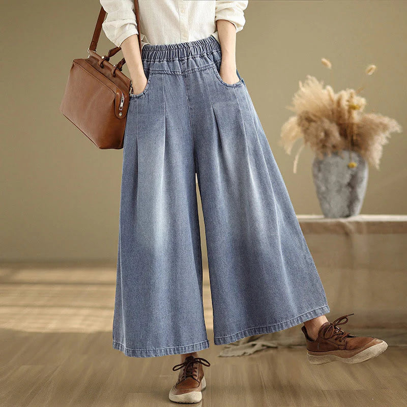 Buddha Stones Fall Vintage Distressed Design High Waist Women's Wide Leg Pants With Pockets