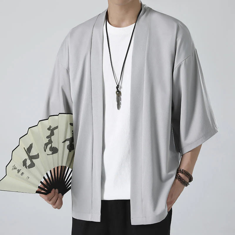 Buddha Stones Solid Color Open Front Jacket Men's Kimono