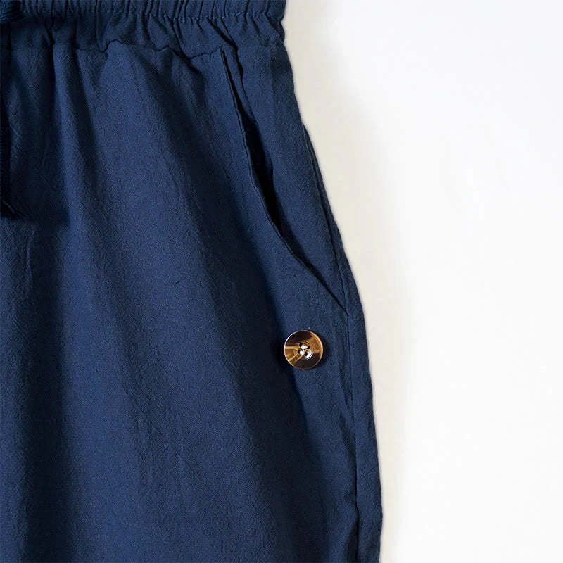 Buddha Stones Solid Color Buttons Drawstring Men's Cotton Pants With Pockets