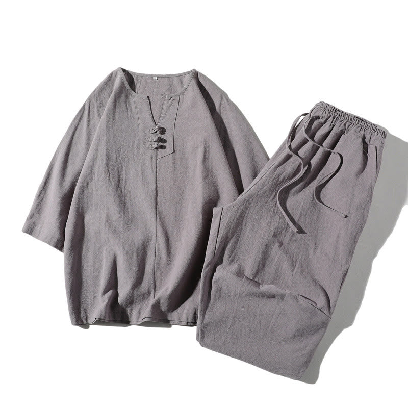 Buddha Stones 2Pcs Plain Notched Collar T-Shirt 7-8 Length Wide Leg Shorts With Pockets Cotton Linen Men's Meditation Cloth Set
