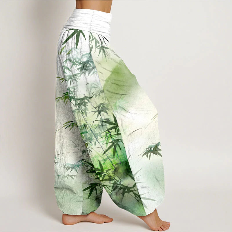 Buddha Stones Pure Cotton Bamboo Leaves Mountain Pattern Women's Elastic Waist Harem Pants