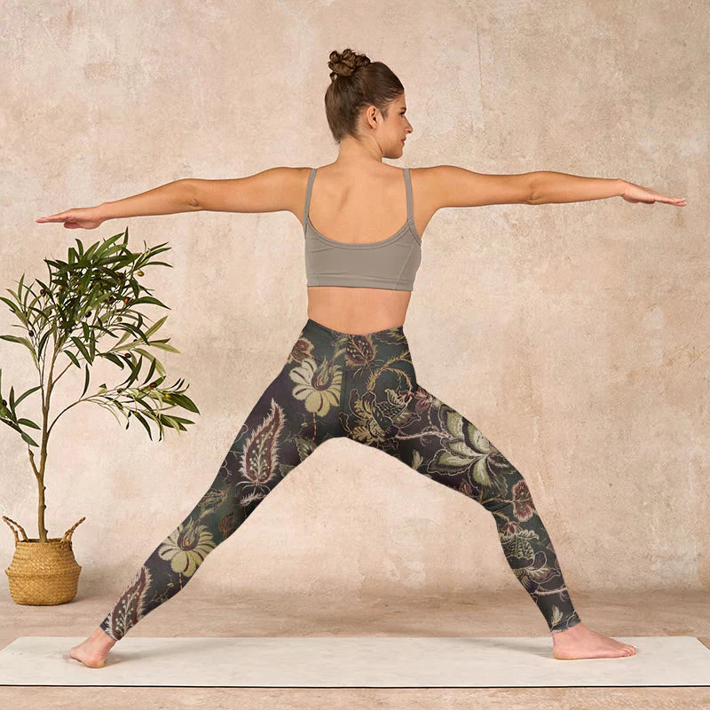 Buddha Stones Olive Florals Print Sports Fitness Leggings Women's Yoga Pants
