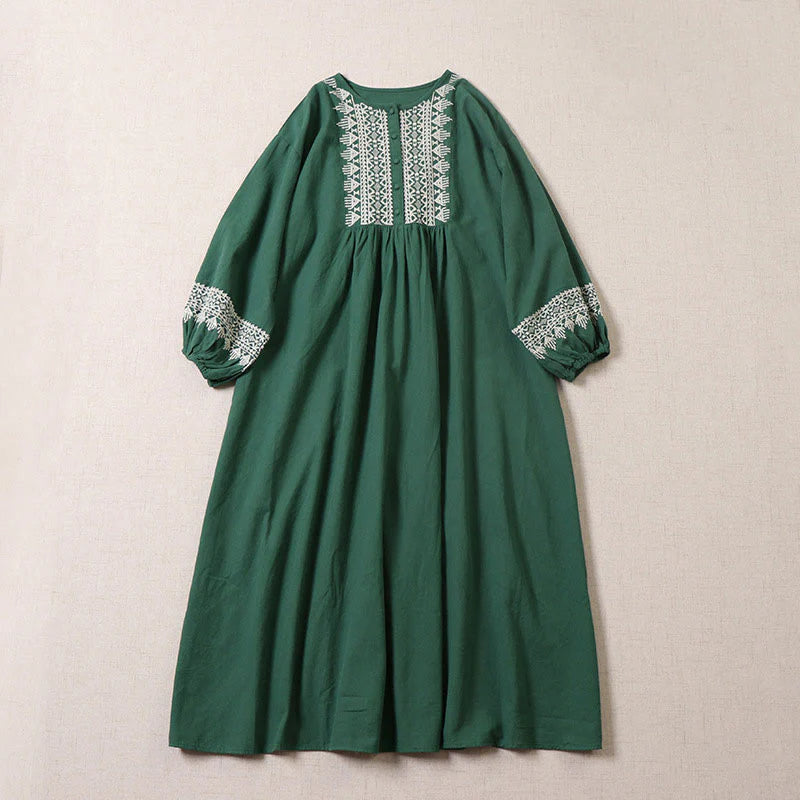 Buddha Stones Casual Artistic Geometric Embroidery Button Front Long Lantern Sleeve Cotton Linen Midi Dress