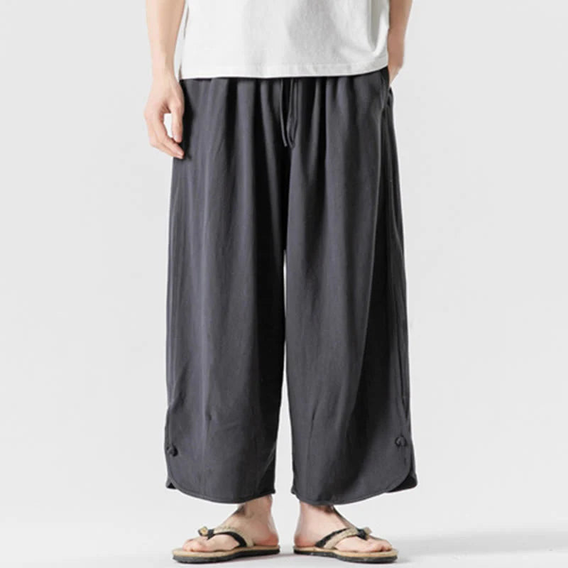 Buddha Stones Summer Plain Drawstring Design Linen Cotton Men's 7-8 Length Pants With Pockets