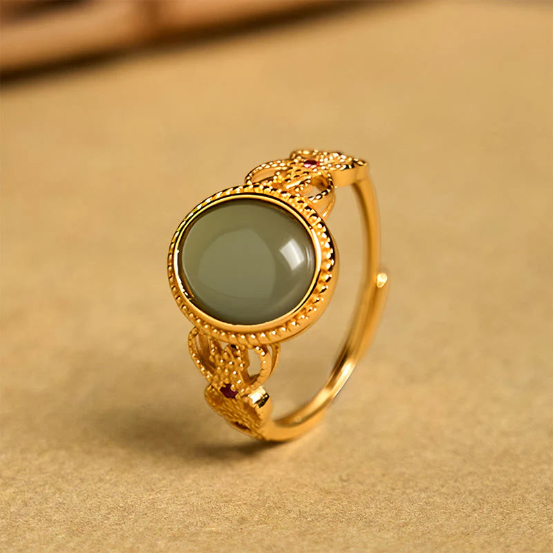 Buddha Stones Natural 925 Sterling Silver Plated Gold Hollow Design Jade Luck Ring
