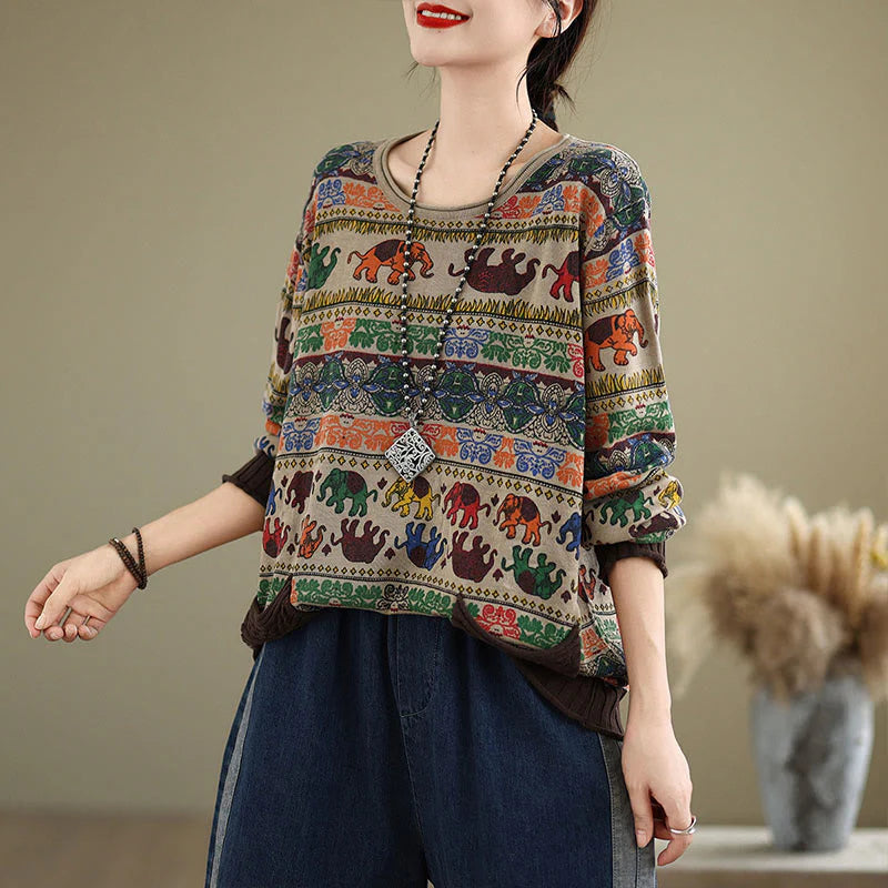 Buddha Stones Fall Elephant Pattern Knitted Cotton Women's Long Sleeve Sweater With Pockets