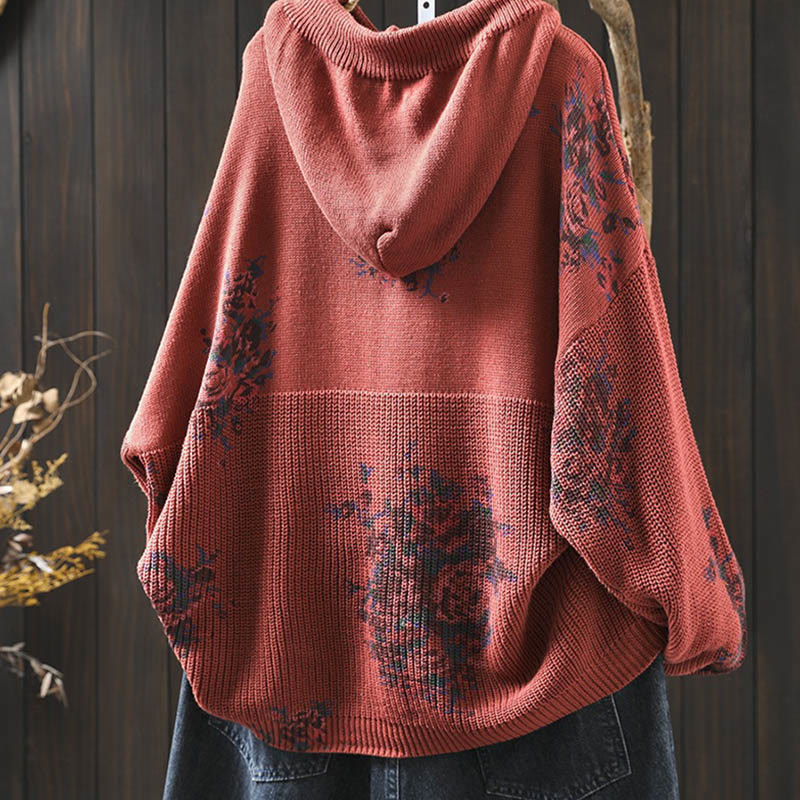 Buddha Stones Women's Knitted Floral Cotton Long Sleeve Hooded Sweater